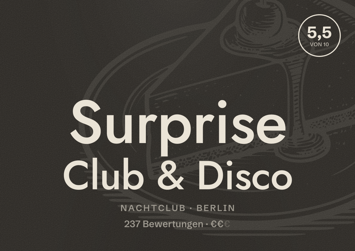 Illustriertes Poster von Surprise Club & Disco, Nachtclub in Berlin: Bewertung 5,5 von 10 aus 237 Bewertungen, Preisniveau €€