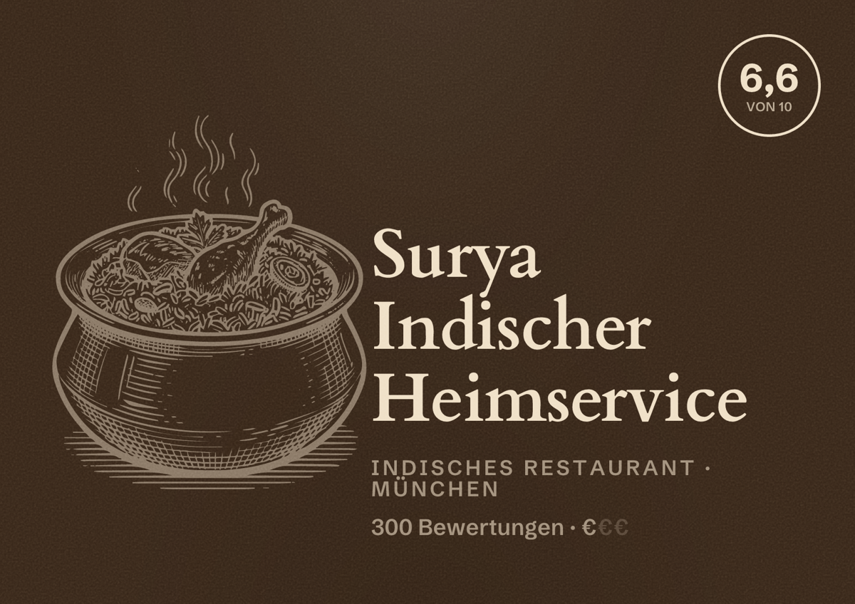 Illustriertes Poster von Surya Indischer Heimservice, Indisches Restaurant in München: Bewertung 6,6 von 10 aus 300 Bewertungen, Preisniveau €