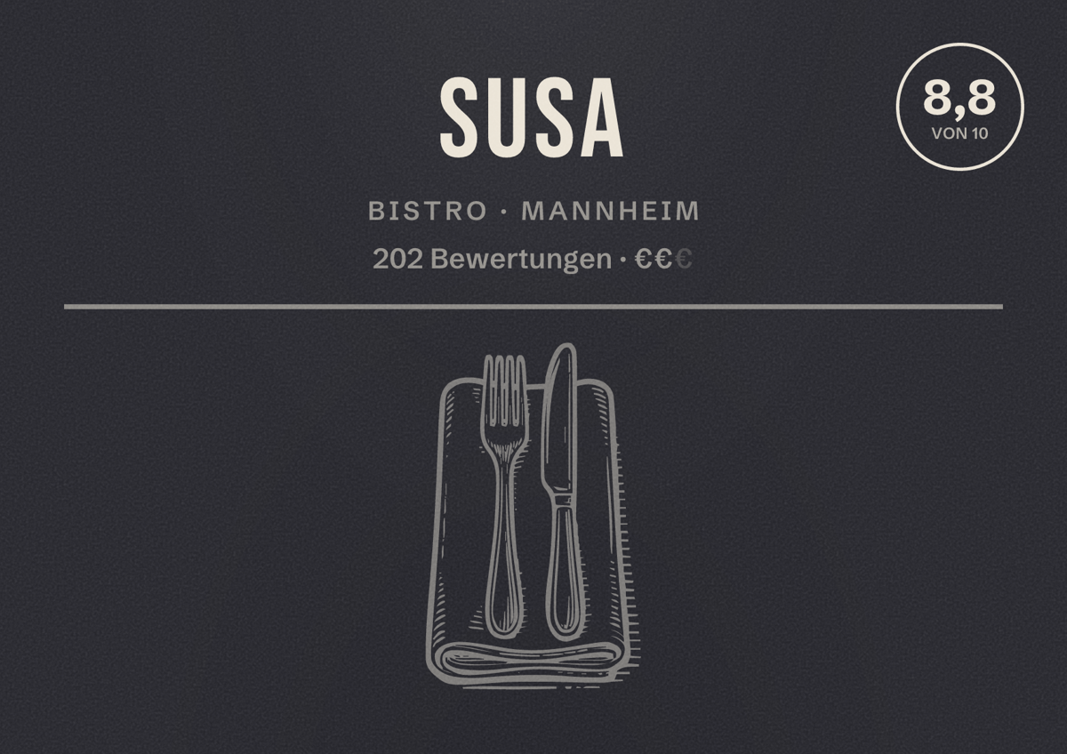 Illustriertes Poster von SUSA, Bistro in Mannheim: Bewertung 8,8 von 10 aus 202 Bewertungen, Preisniveau €€