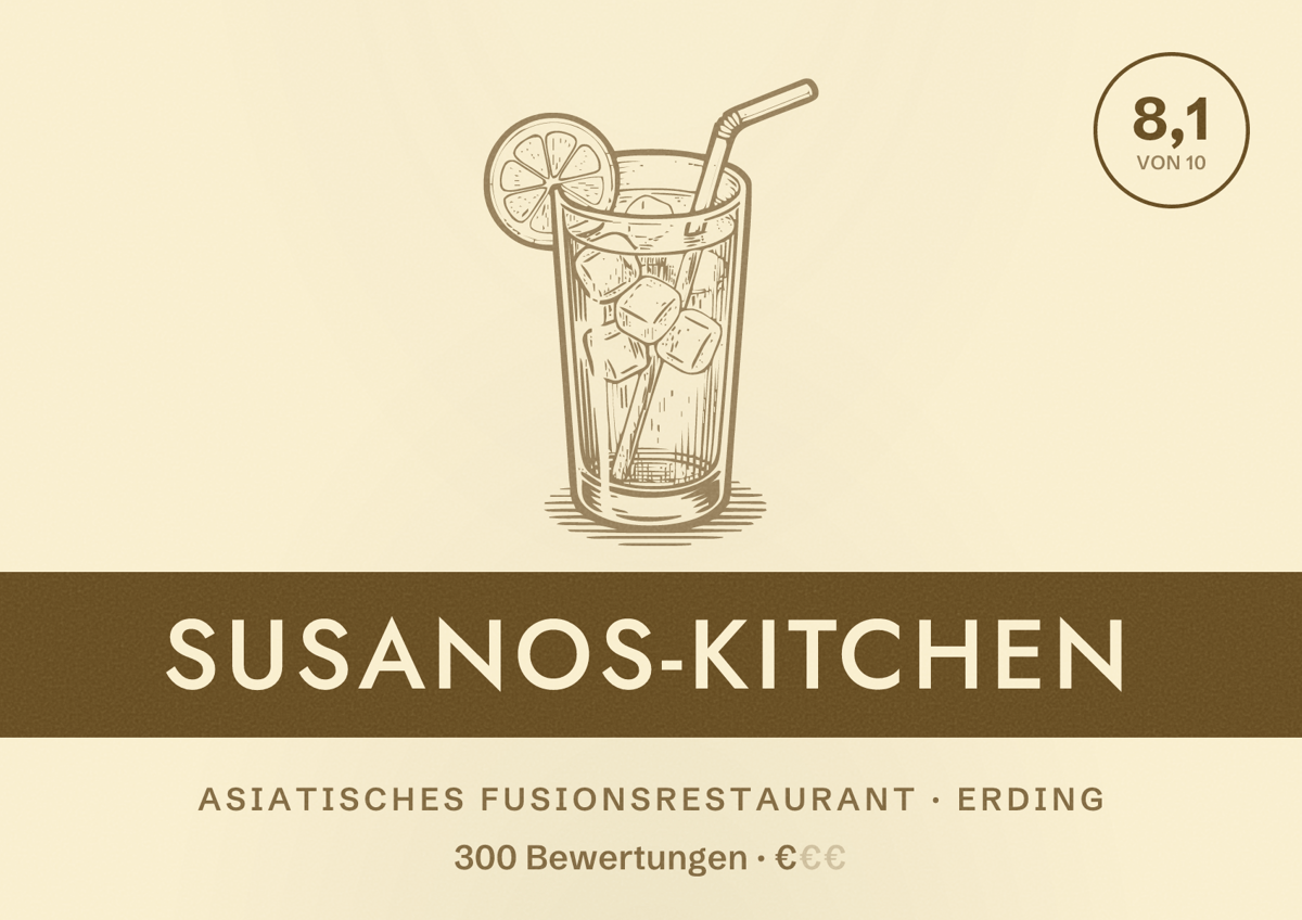 Illustriertes Poster von SUSANOS-KITCHEN, Asiatisches Fusionsrestaurant in Erding: Bewertung 8,1 von 10 aus 300 Bewertungen, Preisniveau €