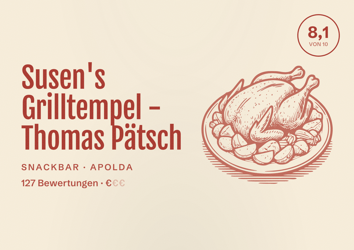 Illustriertes Poster von Susen's Grilltempel - Thomas Pätsch, Snackbar in Apolda: Bewertung 8,1 von 10 aus 127 Bewertungen, Preisniveau €