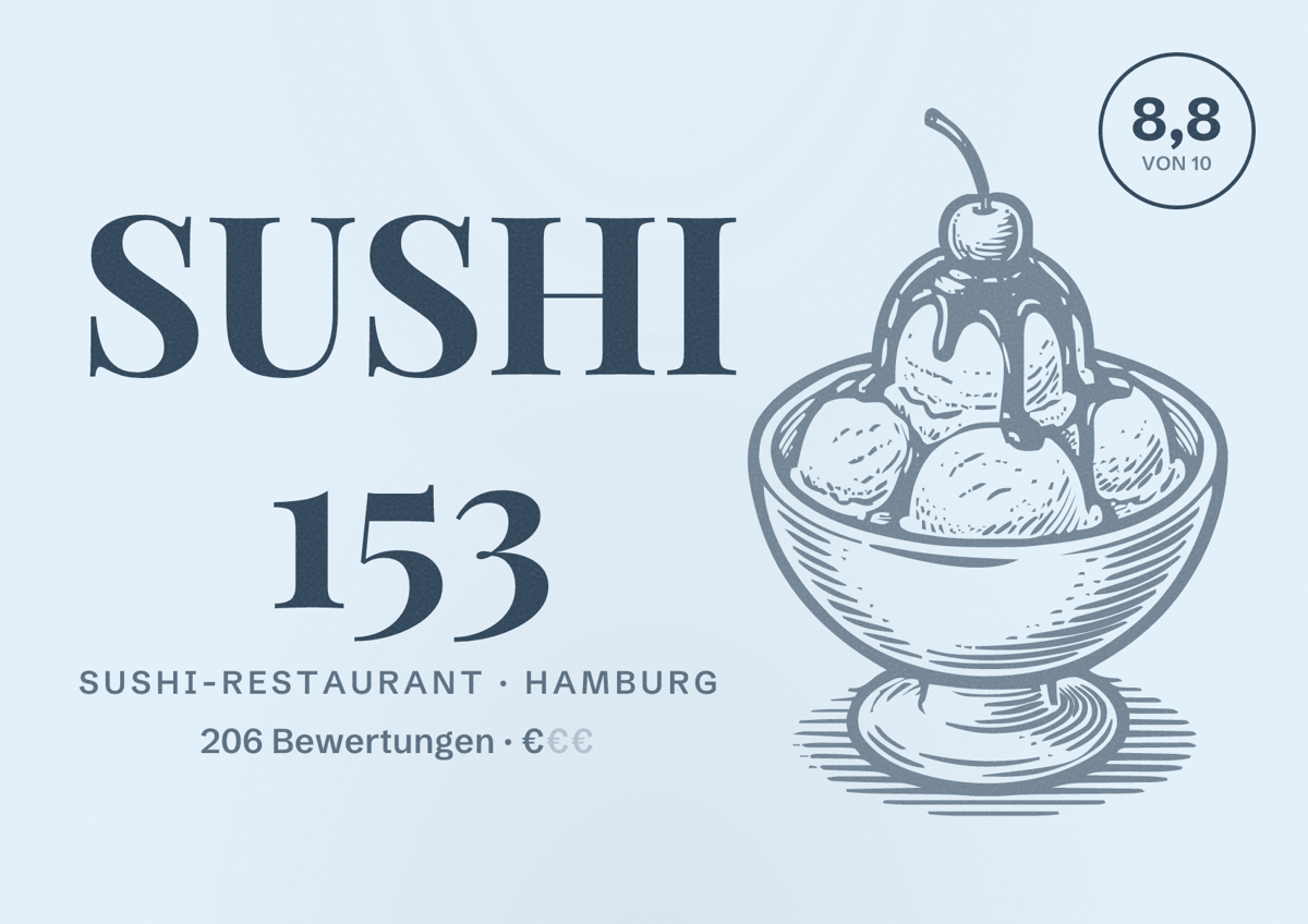 Illustriertes Poster von SUSHI 153, Sushi-Restaurant in Hamburg: Bewertung 8,8 von 10 aus 206 Bewertungen, Preisniveau €