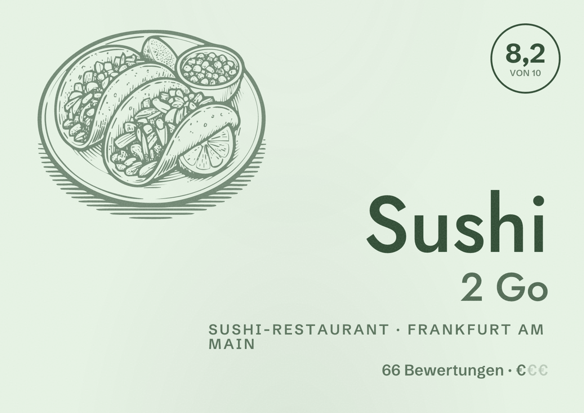 Illustriertes Poster von Sushi 2 Go, Sushi-Restaurant in Frankfurt am Main: Bewertung 8,2 von 10 aus 66 Bewertungen, Preisniveau €