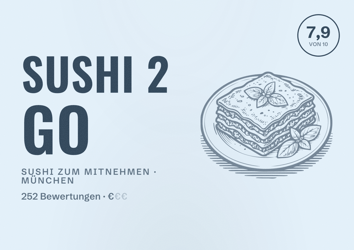 Illustriertes Poster von Sushi 2 Go, Sushi zum Mitnehmen in München: Bewertung 7,9 von 10 aus 252 Bewertungen, Preisniveau €
