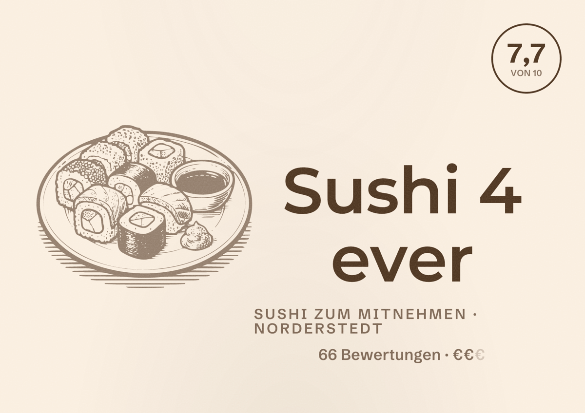 Illustriertes Poster von Sushi 4 ever, Sushi zum Mitnehmen in Norderstedt: Bewertung 7,7 von 10 aus 66 Bewertungen, Preisniveau €€