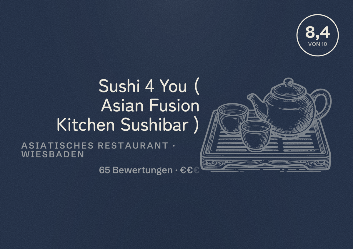Illustriertes Poster von Sushi 4 You ( Asian Fusion Kitchen Sushibar ), Asiatisches Restaurant in Wiesbaden: Bewertung 8,4 von 10 aus 65 Bewertungen, Preisniveau €€