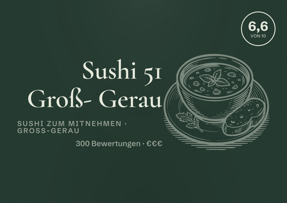 Illustriertes Poster von Sushi 51 Groß- Gerau, Sushi zum Mitnehmen in Groß-Gerau: Bewertung 6,6 von 10 aus 300 Bewertungen, Preisniveau €€€