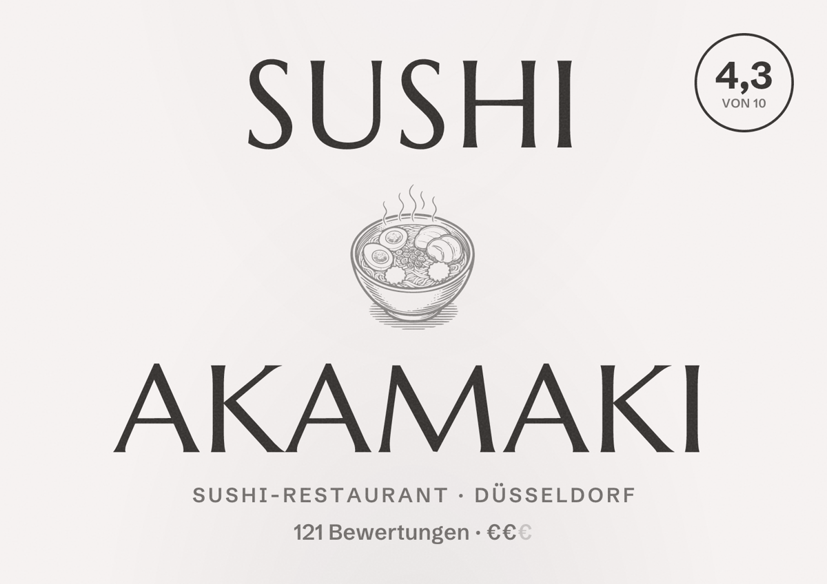 Illustriertes Poster von Sushi Akamaki, Sushi-Restaurant in Düsseldorf: Bewertung 4,3 von 10 aus 121 Bewertungen, Preisniveau €€