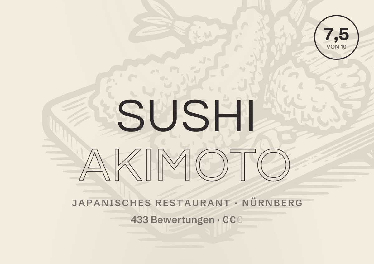 Illustriertes Poster von Sushi Akimoto, Japanisches Restaurant in Nürnberg: Bewertung 7,5 von 10 aus 433 Bewertungen, Preisniveau €€