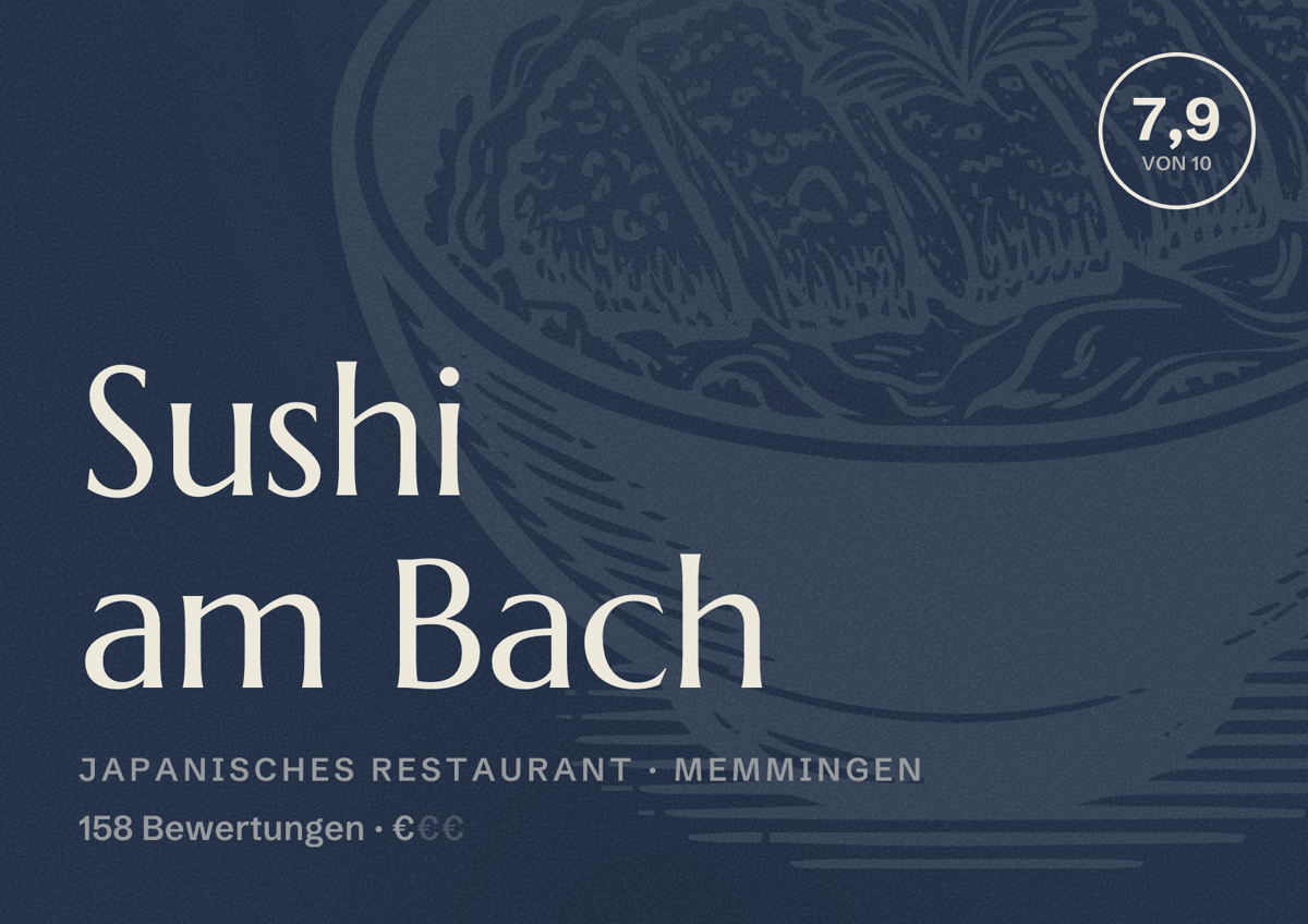 Illustriertes Poster von Sushi am Bach, Japanisches Restaurant in Memmingen: Bewertung 7,9 von 10 aus 158 Bewertungen, Preisniveau €