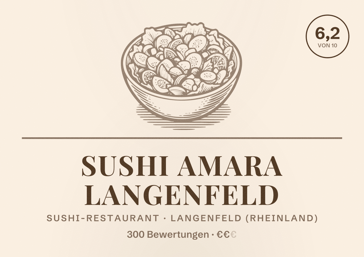Illustriertes Poster von Sushi Amara Langenfeld, Sushi-Restaurant in Langenfeld (Rheinland): Bewertung 6,2 von 10 aus 300 Bewertungen, Preisniveau €€