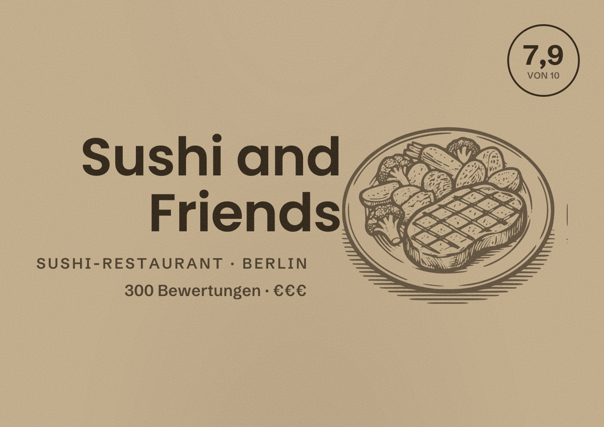 Illustriertes Poster von Sushi and Friends, Sushi-Restaurant in Berlin: Bewertung 7,9 von 10 aus 300 Bewertungen, Preisniveau €€€