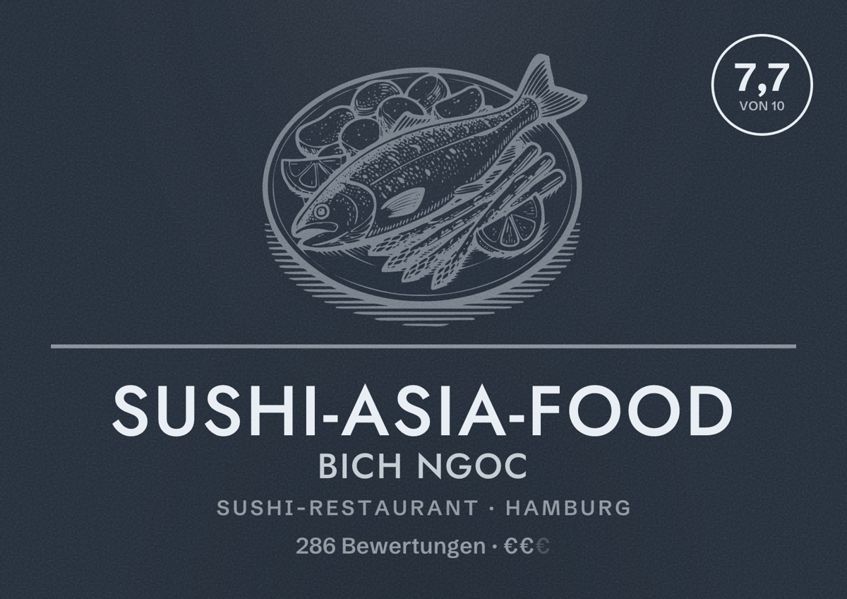 Illustriertes Poster von Sushi-Asia-Food Bich Ngoc, Sushi-Restaurant in Hamburg: Bewertung 7,7 von 10 aus 286 Bewertungen, Preisniveau €€