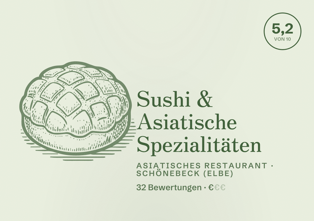 Illustriertes Poster von Sushi & Asiatische Spezialitäten, Asiatisches Restaurant in Schönebeck (Elbe): Bewertung 5,2 von 10 aus 32 Bewertungen, Preisniveau €