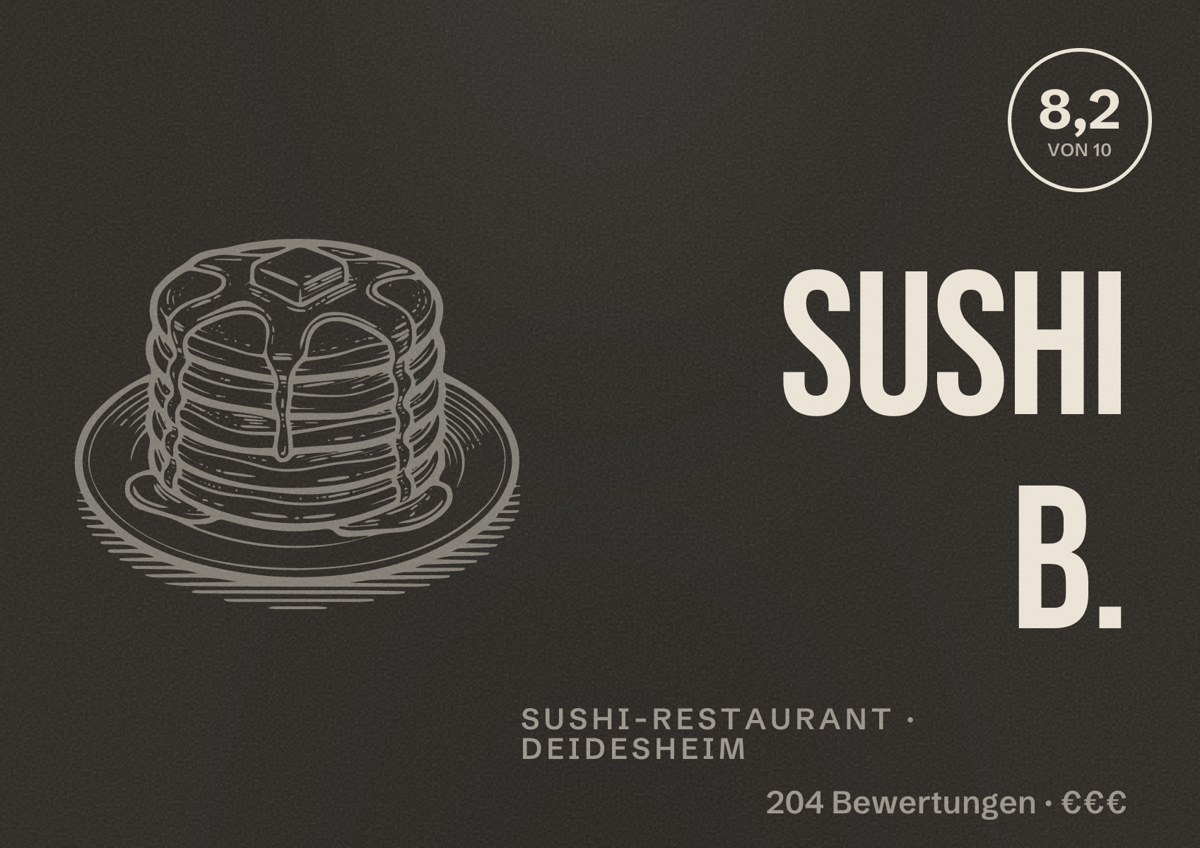 Illustriertes Poster von SUSHI B., Sushi-Restaurant in Deidesheim: Bewertung 8,2 von 10 aus 204 Bewertungen, Preisniveau €€€