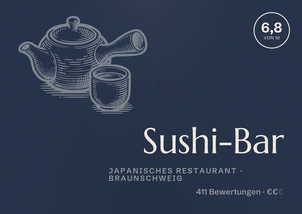 Illustriertes Poster von Sushi-Bar, Japanisches Restaurant in Braunschweig: Bewertung 6,8 von 10 aus 411 Bewertungen, Preisniveau €€