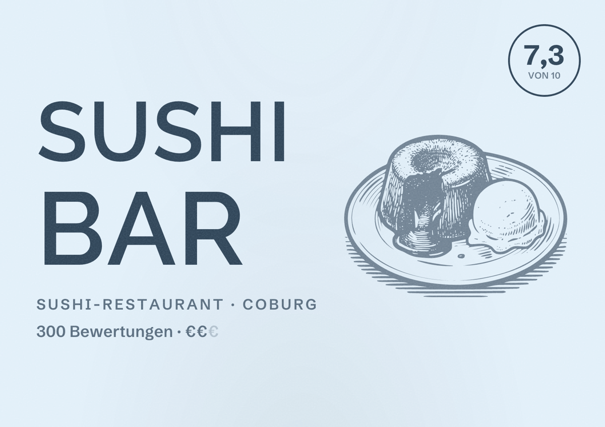 Illustriertes Poster von Sushi Bar, Sushi-Restaurant in Coburg: Bewertung 7,3 von 10 aus 300 Bewertungen, Preisniveau €€