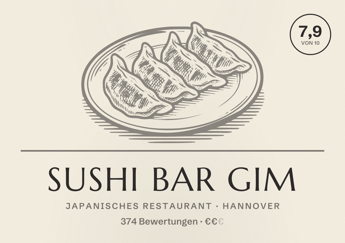 Illustriertes Poster von Sushi Bar Gim, Japanisches Restaurant in Hannover: Bewertung 7,9 von 10 aus 374 Bewertungen, Preisniveau €€