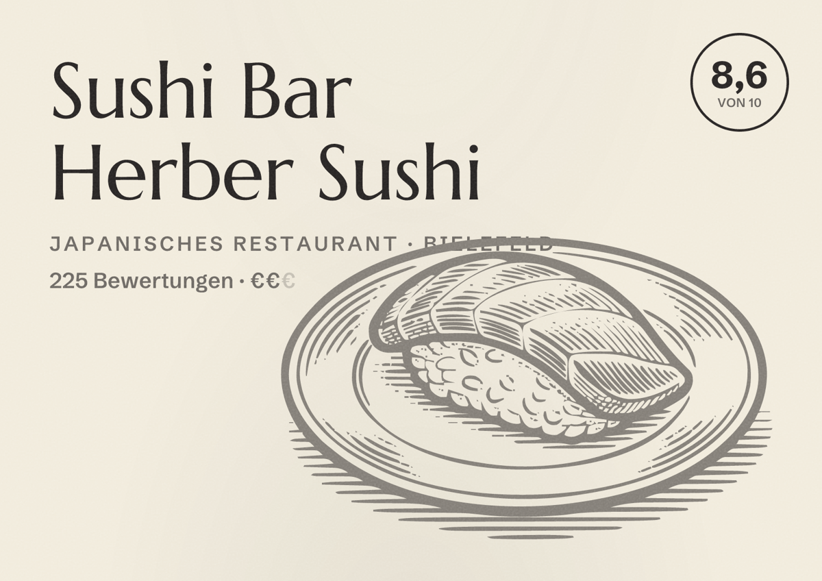 Illustriertes Poster von Sushi Bar Herber Sushi, Japanisches Restaurant in Bielefeld: Bewertung 8,6 von 10 aus 225 Bewertungen, Preisniveau €€
