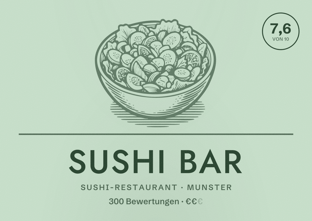 Illustriertes Poster von Sushi Bar, Sushi-Restaurant in Munster: Bewertung 7,6 von 10 aus 300 Bewertungen, Preisniveau €€