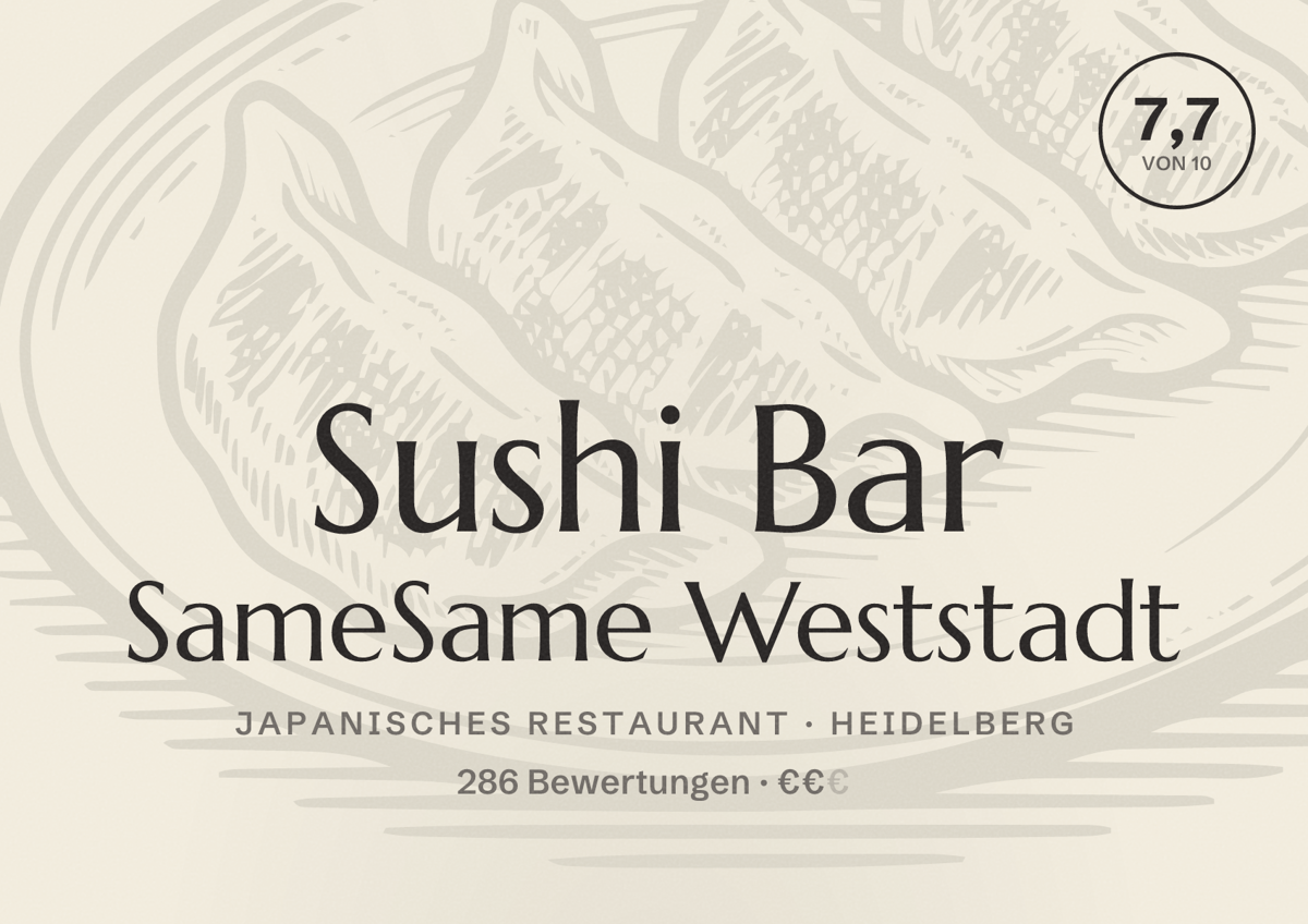 Illustriertes Poster von Sushi Bar SameSame Weststadt, Japanisches Restaurant in Heidelberg: Gästebewertung 7,7 von 10 aus 286 Bewertungen