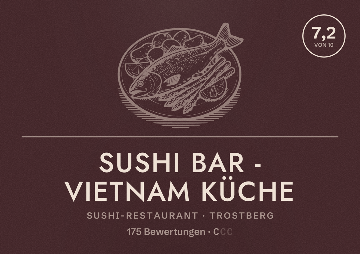 Illustriertes Poster von Sushi Bar - Vietnam Küche, Sushi-Restaurant in Trostberg: Bewertung 7,2 von 10 aus 175 Bewertungen, Preisniveau €