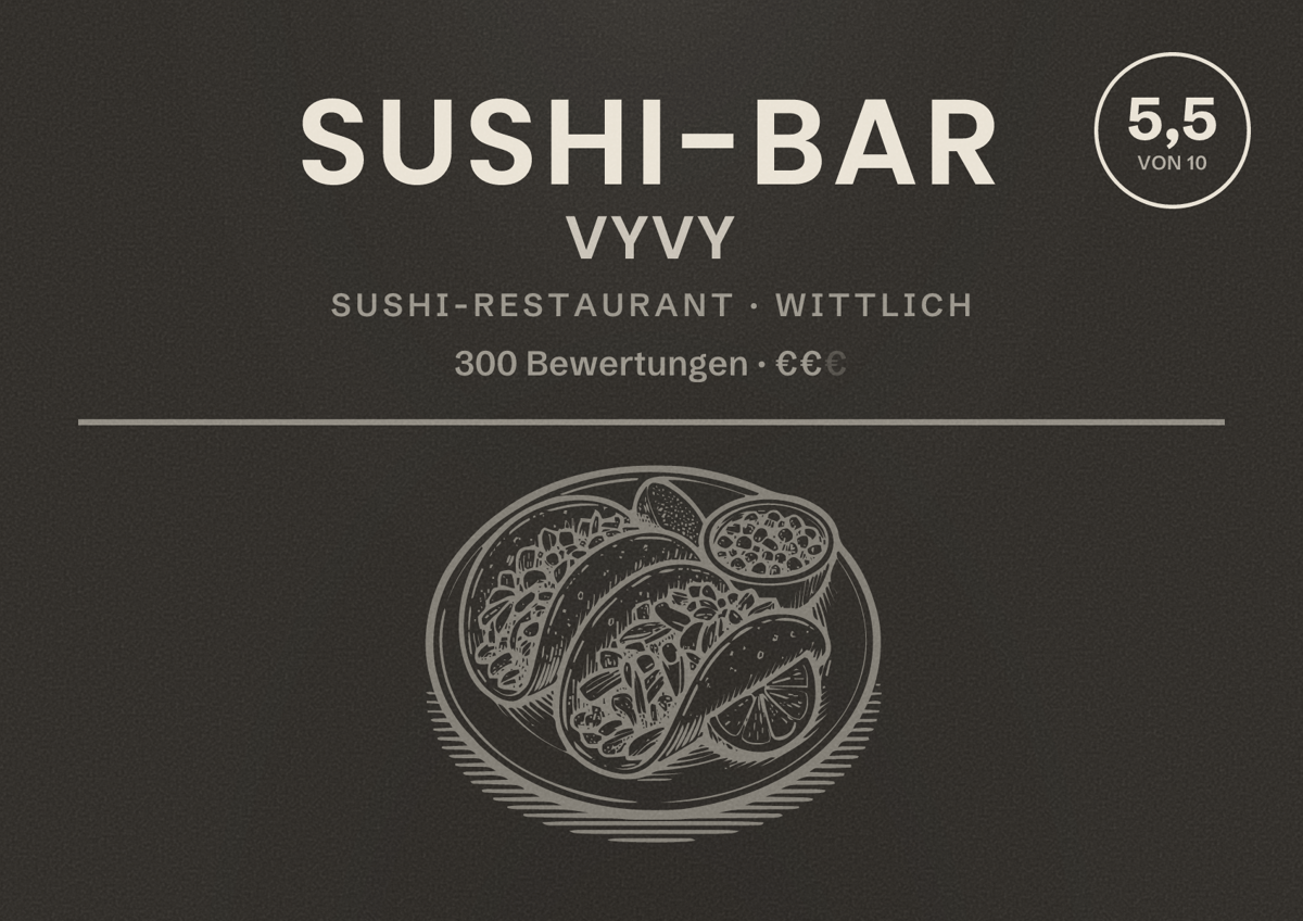 Illustriertes Poster von Sushi-Bar Vyvy, Sushi-Restaurant in Wittlich: Bewertung 5,5 von 10 aus 300 Bewertungen, Preisniveau €€