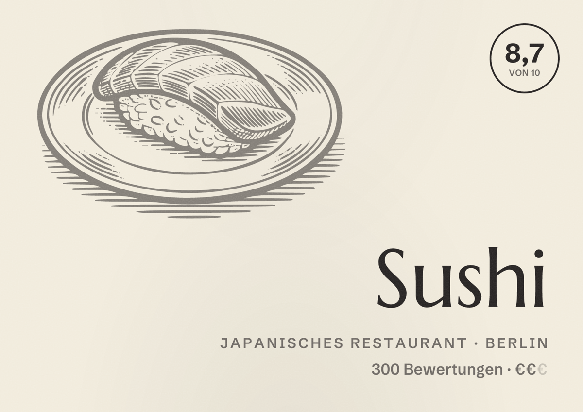 Illustriertes Poster von Sushi, Japanisches Restaurant in Berlin: Bewertung 8,7 von 10 aus 300 Bewertungen, Preisniveau €€