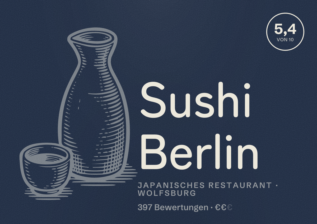 Illustriertes Poster von Sushi Berlin, Japanisches Restaurant in Wolfsburg: Bewertung 5,4 von 10 aus 397 Bewertungen, Preisniveau €€