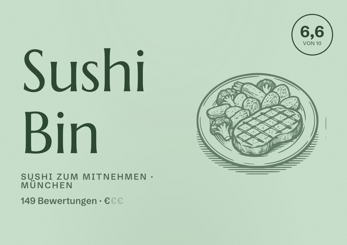 Illustriertes Poster von Sushi Bin, Sushi zum Mitnehmen in München: Bewertung 6,6 von 10 aus 149 Bewertungen, Preisniveau €