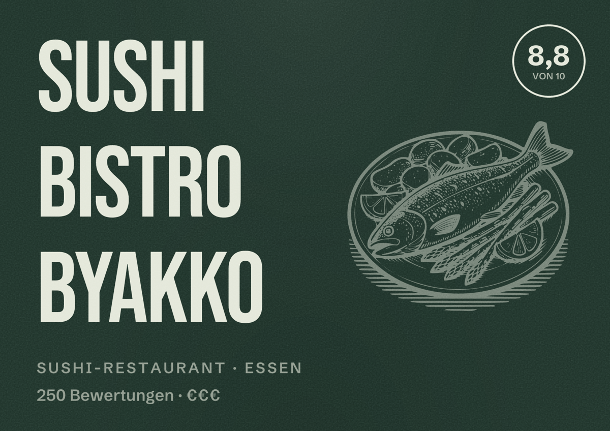 Illustriertes Poster von Sushi Bistro Byakko, Sushi-Restaurant in Essen: Bewertung 8,8 von 10 aus 250 Bewertungen, Preisniveau €€€