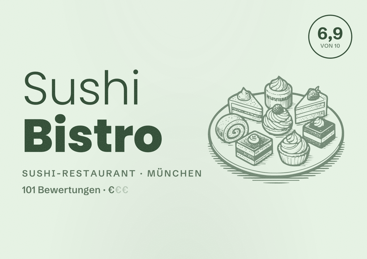 Illustriertes Poster von Sushi Bistro, Sushi-Restaurant in München: Bewertung 6,9 von 10 aus 101 Bewertungen, Preisniveau €