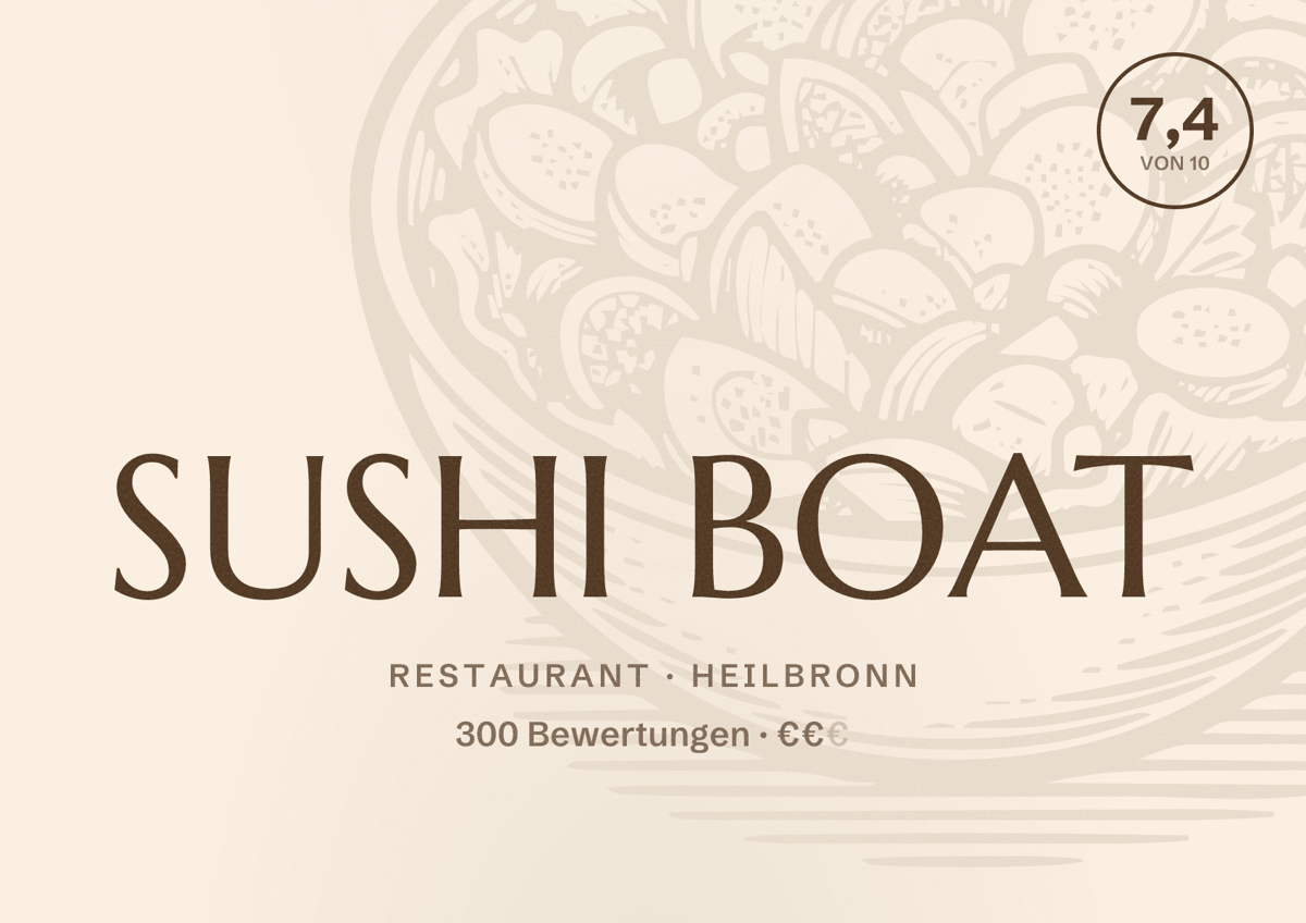 Illustriertes Poster von SUSHI BOAT, Restaurant in Heilbronn: Bewertung 7,4 von 10 aus 300 Bewertungen, Preisniveau €€