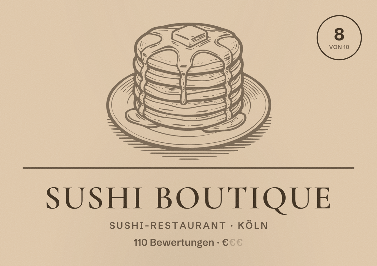 Illustriertes Poster von Sushi Boutique, Sushi-Restaurant in Köln: Bewertung 8,0 von 10 aus 110 Bewertungen, Preisniveau €