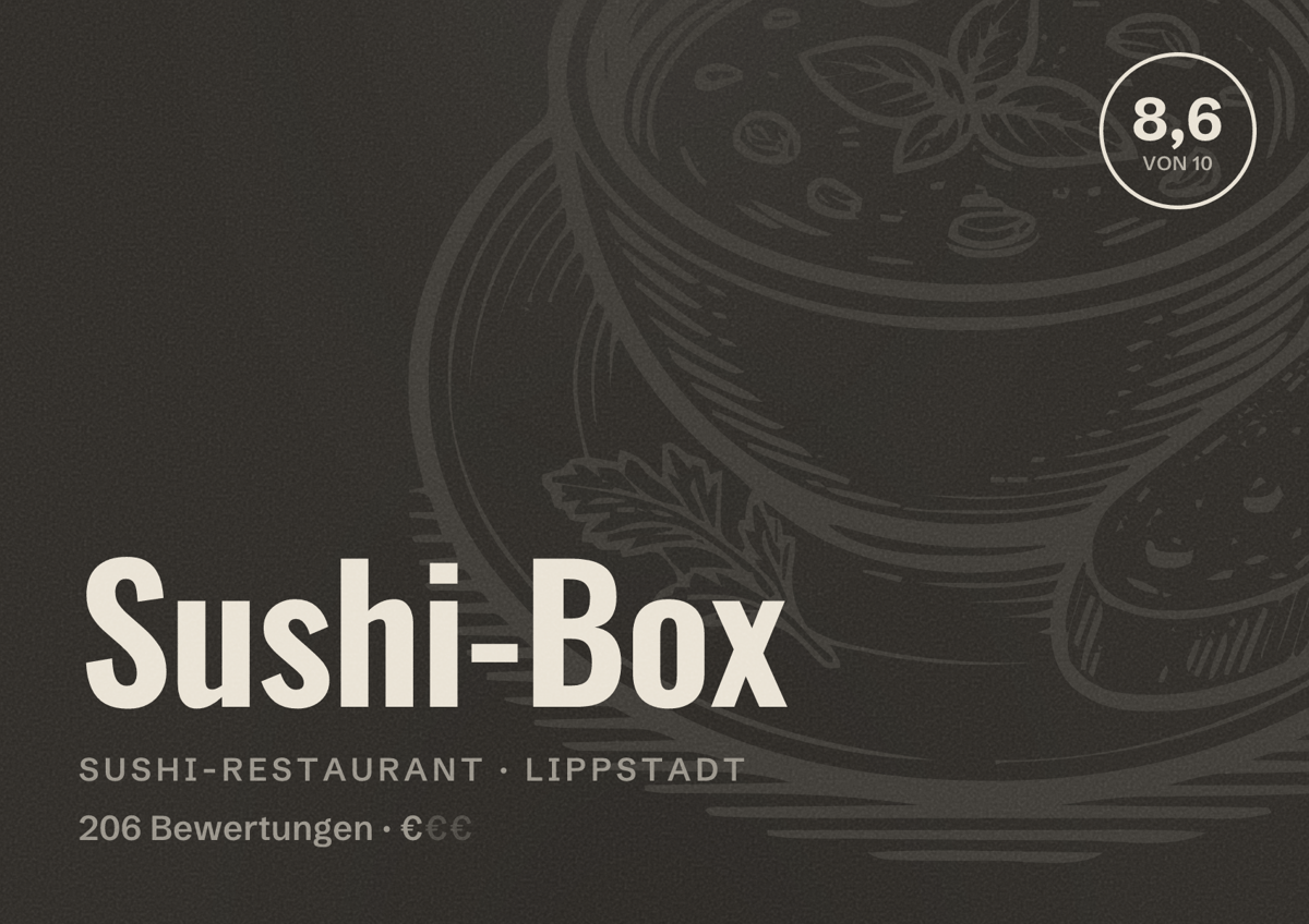Illustriertes Poster von Sushi-Box, Sushi-Restaurant in Lippstadt: Bewertung 8,6 von 10 aus 206 Bewertungen, Preisniveau €