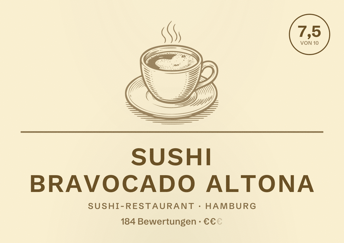 Illustriertes Poster von Sushi Bravocado Altona, Sushi-Restaurant in Hamburg: Bewertung 7,5 von 10 aus 184 Bewertungen, Preisniveau €€