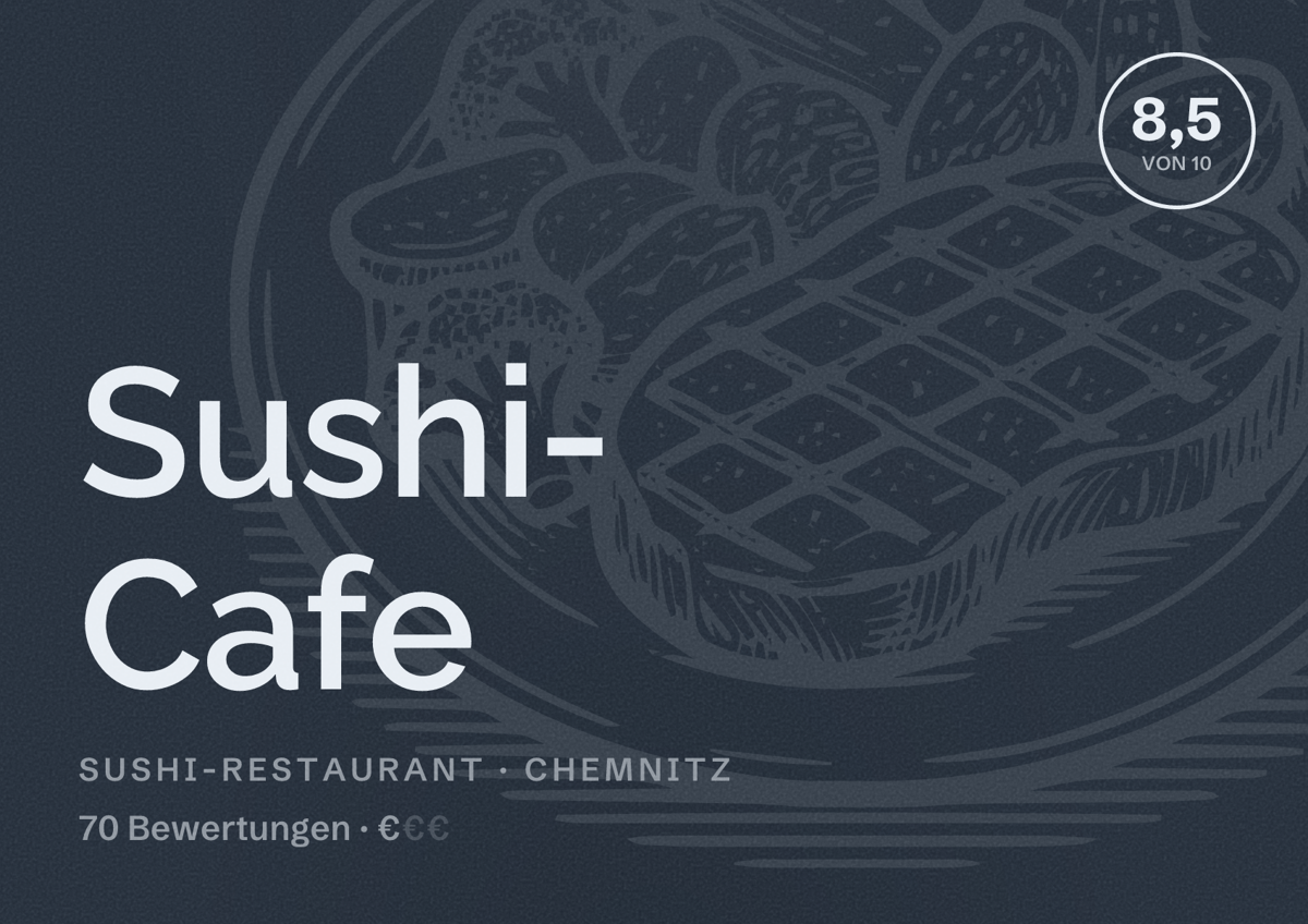 Illustriertes Poster von Sushi- Cafe, Sushi-Restaurant in Chemnitz: Bewertung 8,5 von 10 aus 70 Bewertungen, Preisniveau €