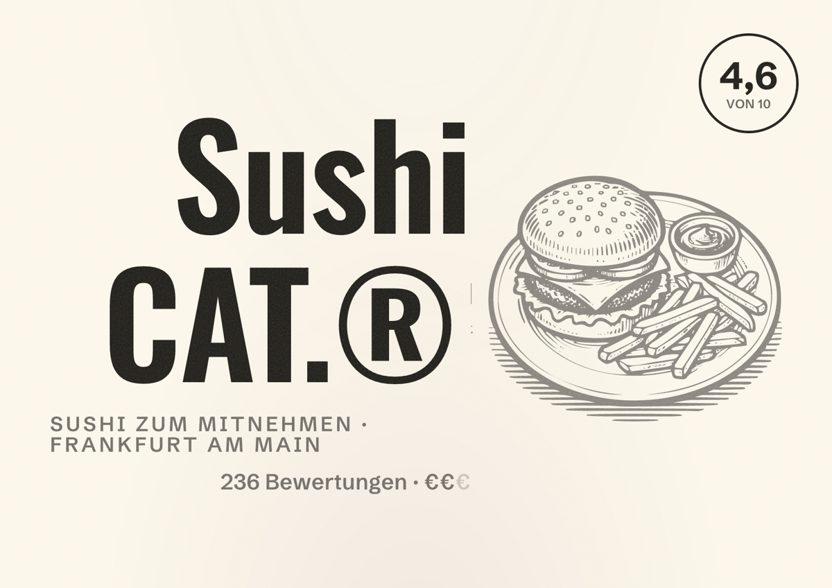 Illustriertes Poster von Sushi CAT.®, Sushi zum Mitnehmen in Frankfurt am Main: Bewertung 4,6 von 10 aus 236 Bewertungen, Preisniveau €€