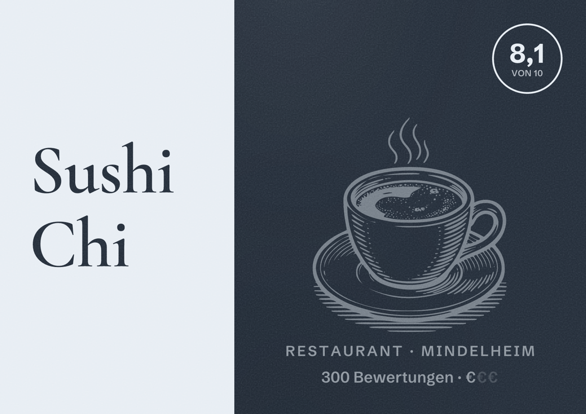 Illustriertes Poster von Sushi Chi, Restaurant in Mindelheim: Bewertung 8,1 von 10 aus 300 Bewertungen, Preisniveau €