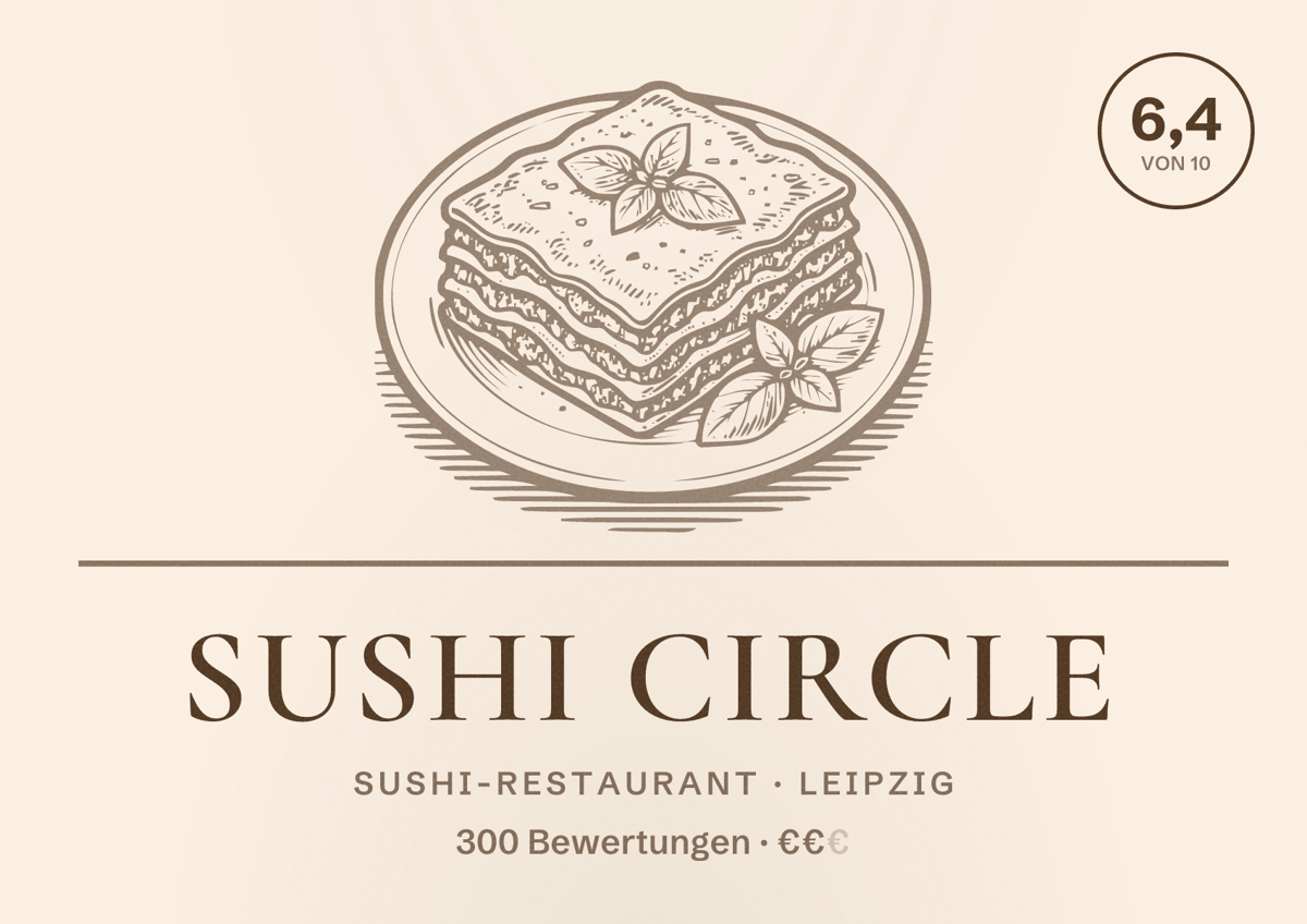 Illustriertes Poster von Sushi Circle, Sushi-Restaurant in Leipzig: Bewertung 6,4 von 10 aus 300 Bewertungen, Preisniveau €€