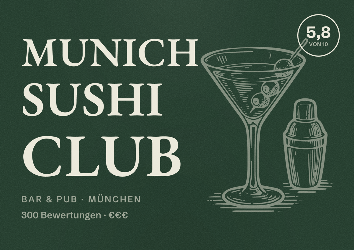 Illustriertes Poster von Munich Sushi Club, Bar & Pub in München: Bewertung 5,8 von 10 aus 300 Bewertungen, Preisniveau €€€