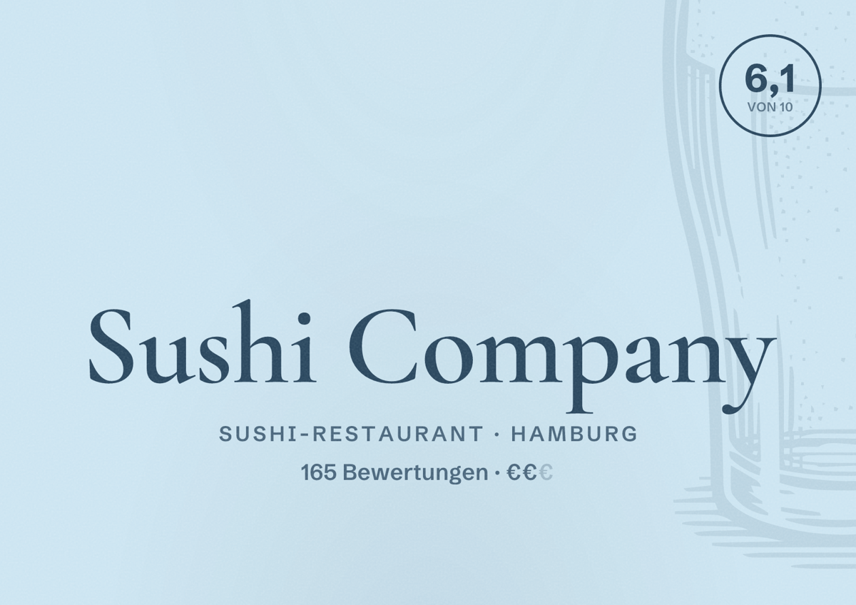 Illustriertes Poster von Sushi Company, Sushi-Restaurant in Hamburg: Bewertung 6,1 von 10 aus 165 Bewertungen, Preisniveau €€