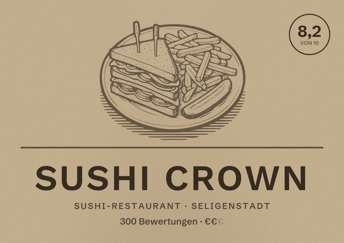 Illustriertes Poster von Sushi Crown, Sushi-Restaurant in Seligenstadt: Bewertung 8,2 von 10 aus 300 Bewertungen, Preisniveau €€