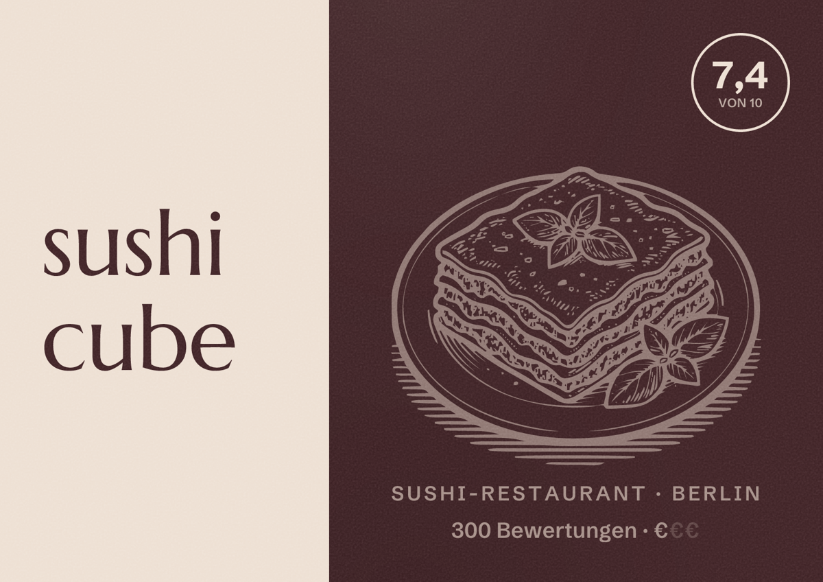 Illustriertes Poster von sushi cube, Sushi-Restaurant in Berlin: Bewertung 7,4 von 10 aus 300 Bewertungen, Preisniveau €