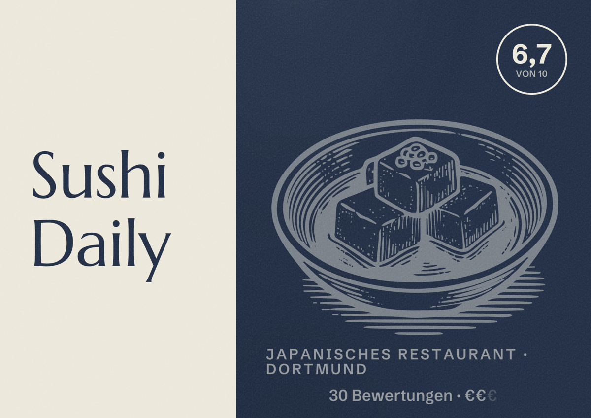 Illustriertes Poster von Sushi Daily, Japanisches Restaurant in Dortmund: Bewertung 6,7 von 10 aus 30 Bewertungen, Preisniveau €€