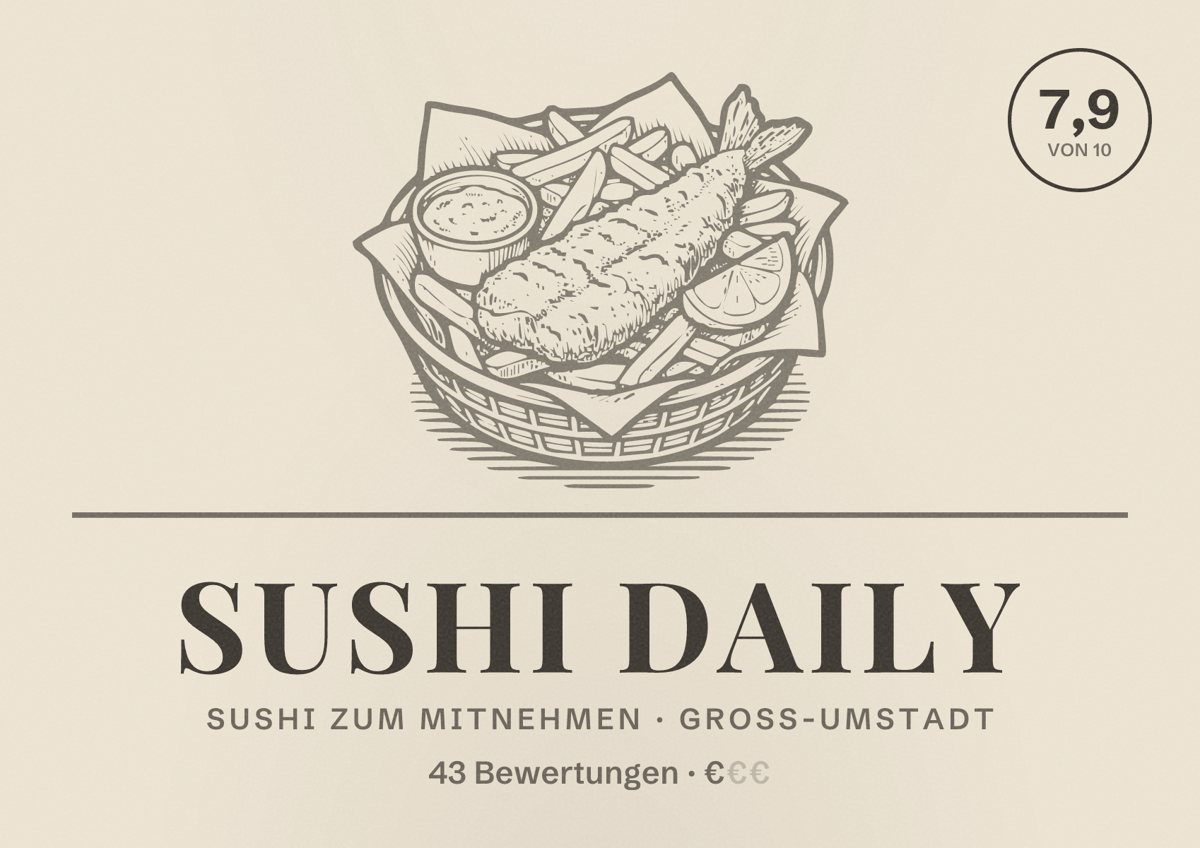 Illustriertes Poster von Sushi Daily, Sushi zum Mitnehmen in Groß-Umstadt: Bewertung 7,9 von 10 aus 43 Bewertungen, Preisniveau €