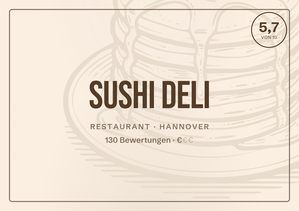 Illustriertes Poster von Sushi Deli, Restaurant in Hannover: Bewertung 5,7 von 10 aus 130 Bewertungen, Preisniveau €