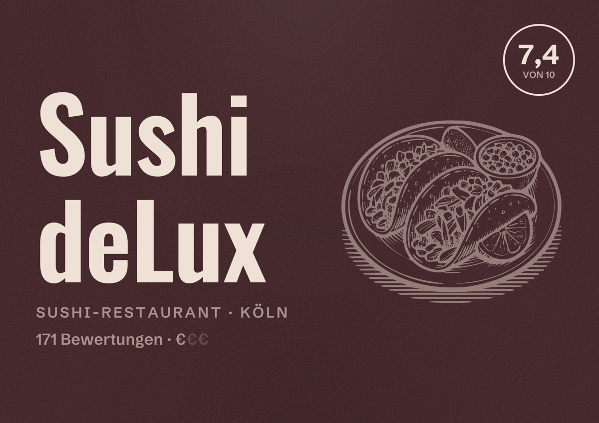 Illustriertes Poster von Sushi deLux, Sushi-Restaurant in Köln: Bewertung 7,4 von 10 aus 171 Bewertungen, Preisniveau €