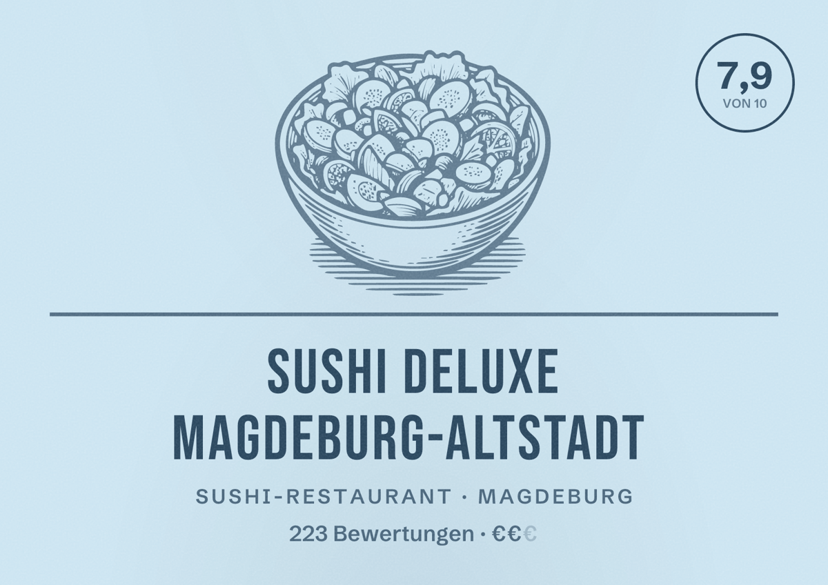 Illustriertes Poster von Sushi Deluxe Magdeburg-Altstadt, Sushi-Restaurant in Magdeburg: Bewertung 7,9 von 10 aus 223 Bewertungen, Preisniveau €€