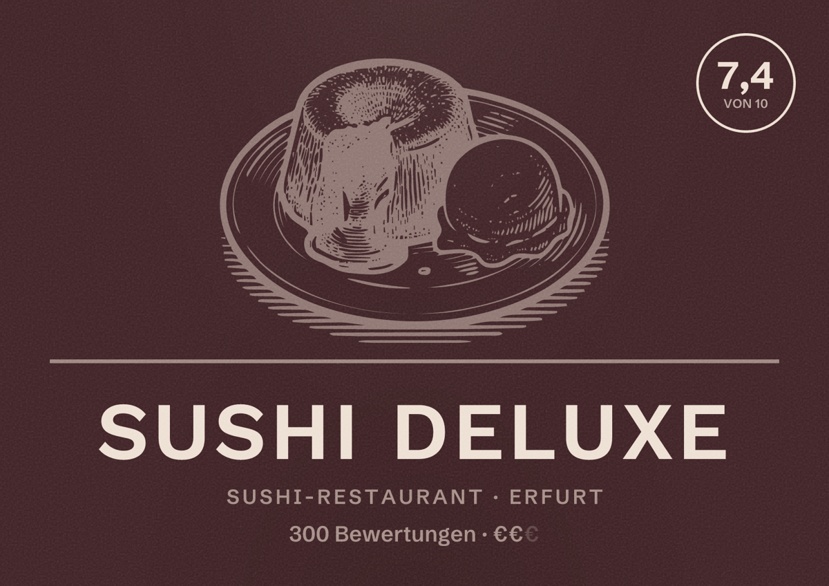 Illustriertes Poster von Sushi Deluxe, Sushi-Restaurant in Erfurt: Bewertung 7,4 von 10 aus 300 Bewertungen, Preisniveau €€